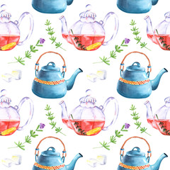 Watercolor seamless pattern in retro style with tea elements. Bright vintage background with teapots, rosemary and sugar in red, green and blue colors on a white backdrop