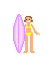 Smiling happy woman in yellow swimsuit standing with violet surfboard, 8 bit pixel art character icon isolated on white background. Female water sport mascot. Surfing girl. Summer holiday activity.