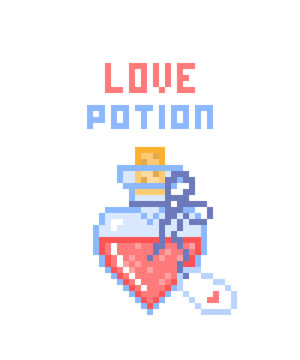 Heart-shaped glass love potion bottle with tag, 8 bit pixel art icon isolated on white background. Magic object. Witches' brew.