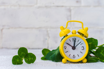 clover leaves and yellow alarm clock on light background