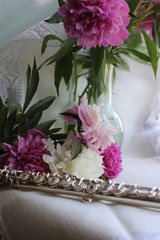 still life with silver flute and peonies, photography