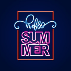 Neon light 3d lettering composition of Hello Summer in frame.