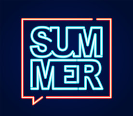 Neon light 3d text of Summer in speech bibble.