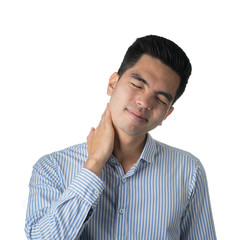 Portrait handsome young asian man wearing a T-shirt neck pain isolated on grey background. Asian man people.