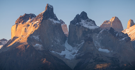Cuernos Towers of Cordillera Paine in Torres del Paine National Park in Chilean Patagonia at sunset