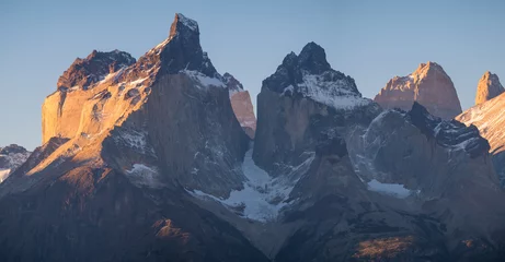 Poster Cerro Torre Cuernos Towers of Cordillera Paine in Torres del Paine National Park in Chilean Patagonia at sunset