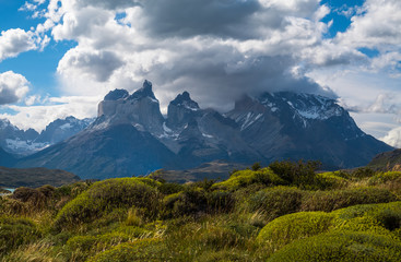 Obraz na płótnie Canvas Panorama of Torres del Paine National Park with snow caped mountains (Cordillera Paine) covered in the clouds and lush green vegetation on the foreground