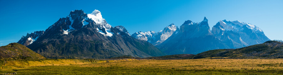 Panorama of the Cordillera Paine during sunny cloudless day. View from the southwest area of Torres...