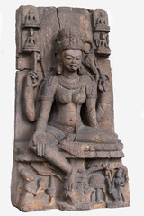 Fototapeta na wymiar Archaeological sculpture of Seated Tara, made of Khondalite rock. Circa tenth century of the Common Era, Lalitagiri, Odisha, India
