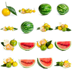 Flat lay composition with slices and seeds of watermelon on color background