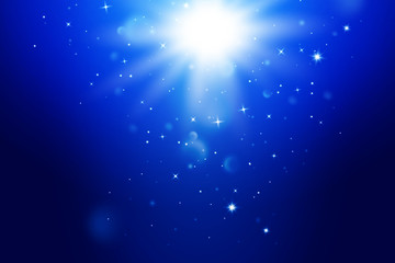 Star burst with sparkles and Light effect. Blue background with glitter texture