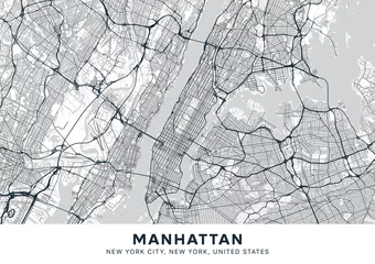 Fototapeten Manhattan map. Light poster with map of Manhattan borough (New York, United States). Highly detailed map of Manhattan with water objects, roads, railways, etc. Printable poster. © Anton Shahrai