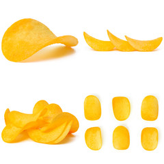 Set of potato chips close-up on an isolated white background