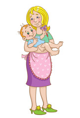 Young mother is standing with a small child in her arms. Isolated on a white background. In cartoon style.