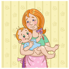 Portrait of a young mother with a small child in her arms. In cartoon style.