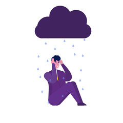  Bad day, Depressed concept,   businessman character weeping in the rain. Vector illustration.