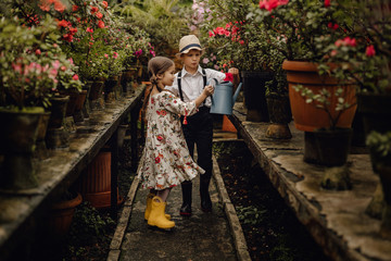 Adorable Children Watering Plants in Greenhouse. Beautiful Kids Wearing Trendy Outfit and Rubber Boots. Family Taking Care of Flowers using Pot in Garden. Brother and Sister Friendship