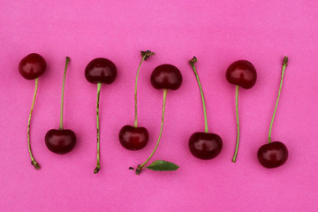 Ripe red cherries on a pink background.