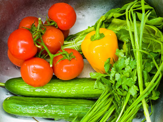 fresh whole vegetables - tomatoes, green onions, cucumbers, yellow bell pepper, parsley and lettuce, close up