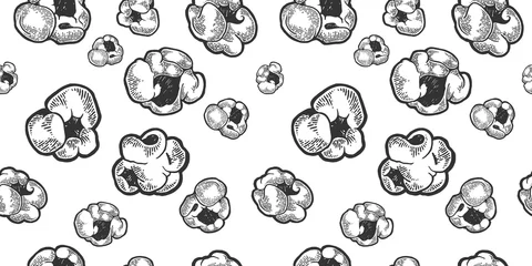 Behang Popcorn voedsel schets gravure naadloze patroon op witte achtergrond vectorillustratie. Imitatie in de stijl van een krasbord. Zwart-wit hand getekende afbeelding. © Oleksandr Pokusai