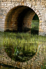 ancient stone bridge over overgrown pond