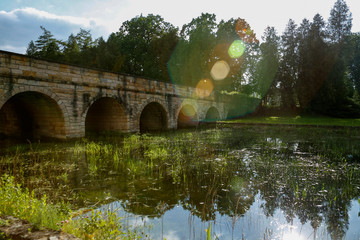 Fototapeta premium ancient stone bridge over overgrown pond withlens flares