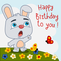 Obraz na płótnie Canvas Funny rabbit sings a song Happy birthday to you - greeting card