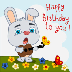 Obraz na płótnie Canvas Funny rabbit with guitar sings a song Happy birthday to you - greeting card
