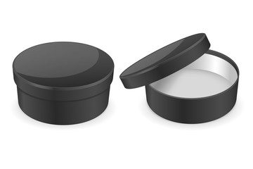 Round black hat box. Open and closed empty carton. Vector illustration