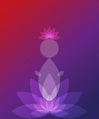Meditation concept background. Meditating person symbol and lotus flowers