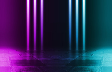 Fototapeta premium Background of an empty disco scene. Neon square figure in the center of the scene. Neon light smoke. Dark abstract futuristic background