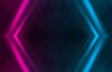 Dark abstract futuristic background. Neon lines, glow. Neon lines, shapes. Pink and blue glow