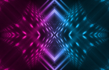 Dark abstract futuristic background. Neon lines, glow. Neon lines, shapes. Pink and blue glow