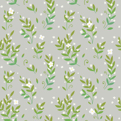 Seamless pattern background, gray background, green leaves and white flowers