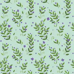 Seamless pattern, background, green background, green leaves and purple flowers