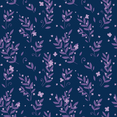 Seamless pattern background, dark blue purple background, pink magical leaves and flowers