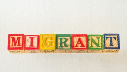 The term migrant visually displayed on a white background using colorful wooden blocks image with copy space in landscape format