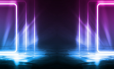 Fototapeta premium Background of an empty disco scene. Neon square figure in the center of the scene. Neon light smoke. Dark abstract futuristic background