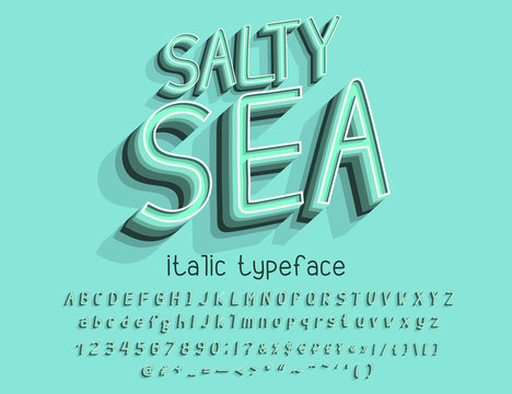 Italic layered Alphabet. Vector 3d retro typeface, aquamarine color. English uppercase and lowercase letters, numbers, symbols