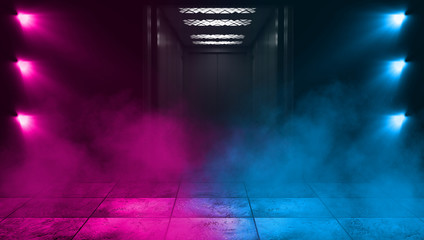 Background of empty space. Open elevator doors. Neon light smoke.
