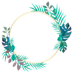 Tropical leaves. Round frame. Template for invitations, cards.