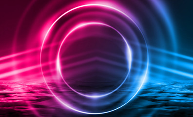 Background of an empty disco scene. Neon figure of a fractal circle in the center of the scene. Neon light smoke. Dark abstract futuristic background