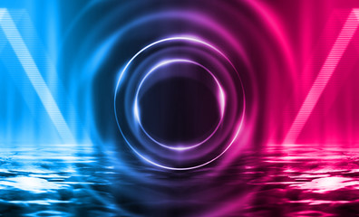Background of an empty disco scene. Neon figure of a fractal circle in the center of the scene. Neon light smoke. Dark abstract futuristic background