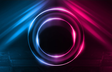 Background of an empty disco scene. Neon figure of a fractal circle in the center of the scene. Neon light smoke. Dark abstract futuristic background