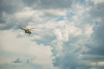 military helicopter looking for survivals in Budapest