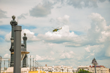 military helicopter looking for survivals in Budapest