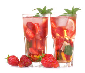 Strawberry Mojito. Cold summer cocktail with strawberries, mint, lemon and ice on a white isolated background