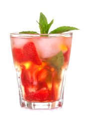 Strawberry Mojito. Cold summer cocktail with strawberries, mint, lemon and ice on a white isolated background