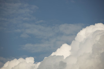 Clear blue sky with cumulus and cirrus clouds. Sunny weather. Joyful mood. High pressure. Clean air ecology. Water in a gaseous state. The source of rain and hail. Weather prediction