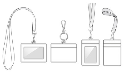name tags, bus card holders, ID badge cases with front window/ plastic membrane shield and 2 slot in at the back. neck strap or Keychain Key Ring, detachable wrist strap, vector illustration sketch
